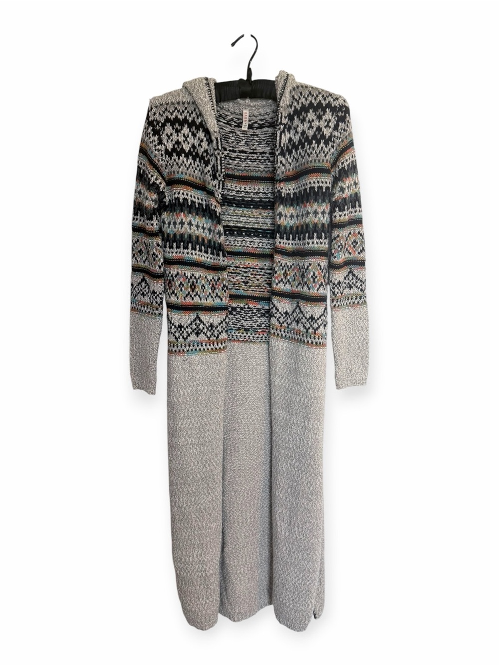 RAGA Light Gray Hooded Fair Isle Long Knit Cardigan
